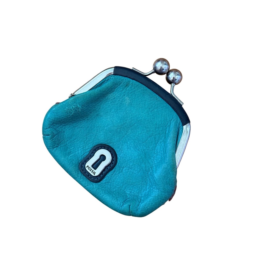 Fossil Multi Color Scalloped Leather Kiss Lock Coin Purse Teal Patchwork - Picture 2 of 6